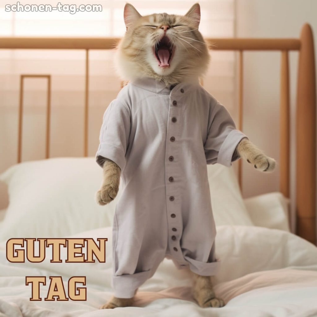 Guten tag lustig bild Katze im Pyjama kostenlos