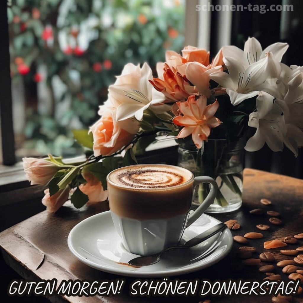 Guten morgen donnerstag blumen bild Blumenstrauß und Kaffee kostenlos
